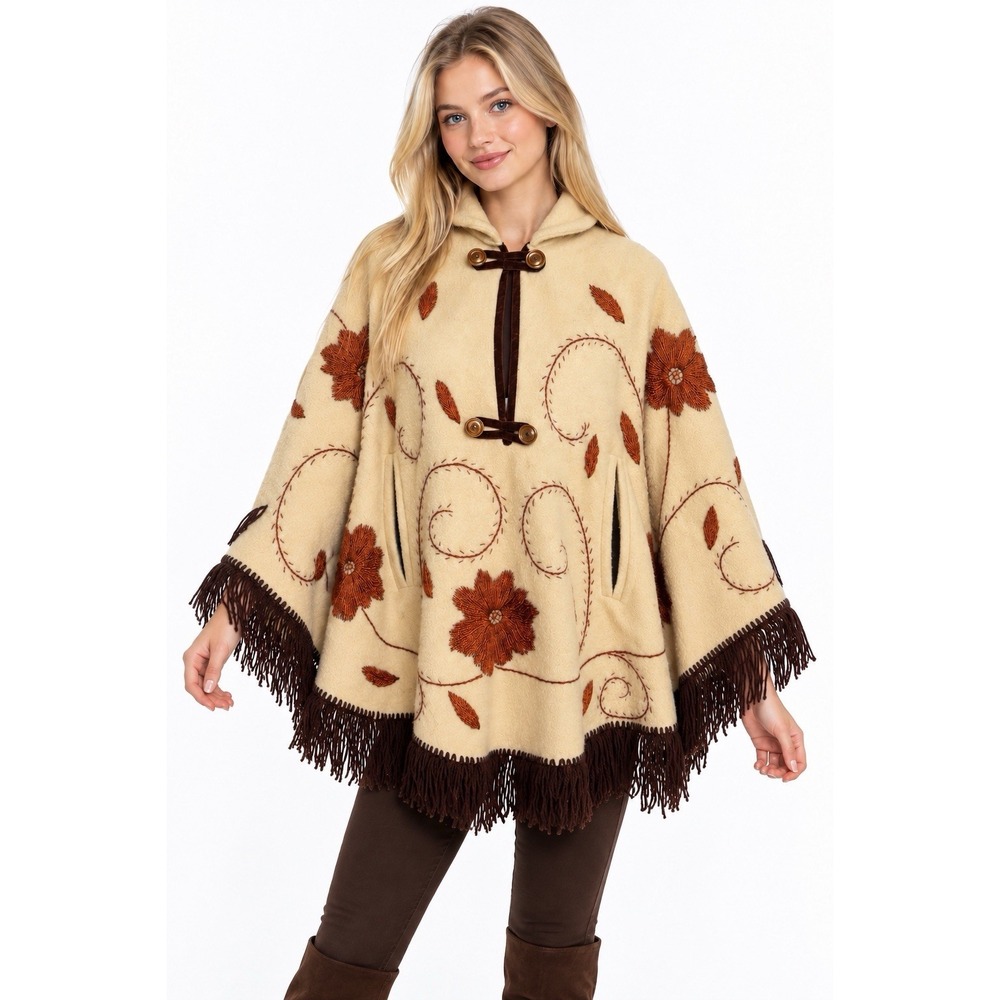 Vtg Wool Poncho Cape Embroidered Floral Fringe Western Boho Hippie Prairie OS
